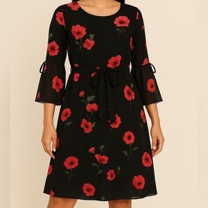 Elegant Black Dress-Pink Floral Design, Nine West, Size 14, Pre-loved Excellent